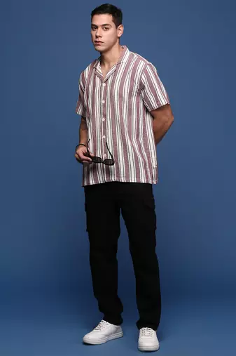men's cuban collar striped purple relaxed fit shirt