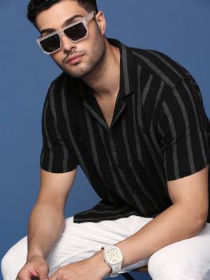 Showoff men's cuban collar striped black relaxed fit shirt 1