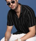 Showoff men's cuban collar striped black relaxed fit shirt