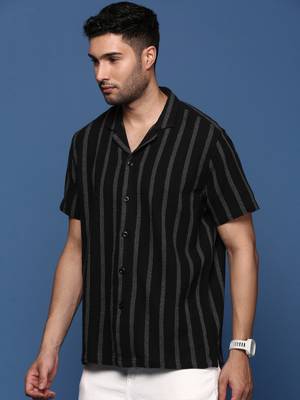 Showoff men's cuban collar striped black relaxed fit shirt 3