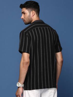 Showoff men's cuban collar striped black relaxed fit shirt 4