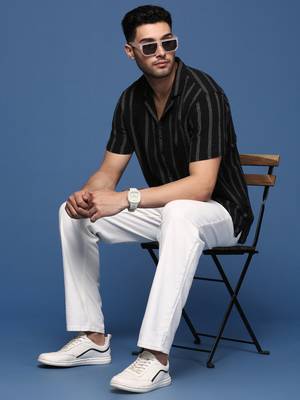 Showoff men's cuban collar striped black relaxed fit shirt 5
