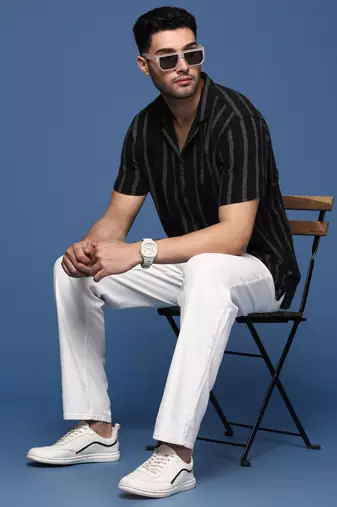 Showoff men's cuban collar striped black relaxed fit shirt