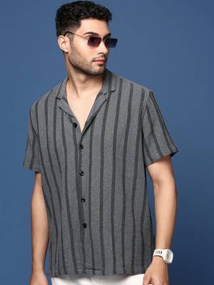 men's cuban collar striped charcoal relaxed fit shirt 1