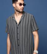 men's cuban collar striped charcoal relaxed fit shirt
