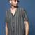 men's cuban collar striped charcoal relaxed fit shirt