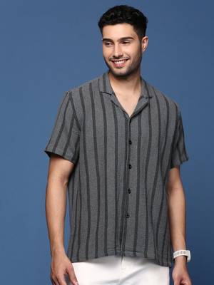 men's cuban collar striped charcoal relaxed fit shirt 2