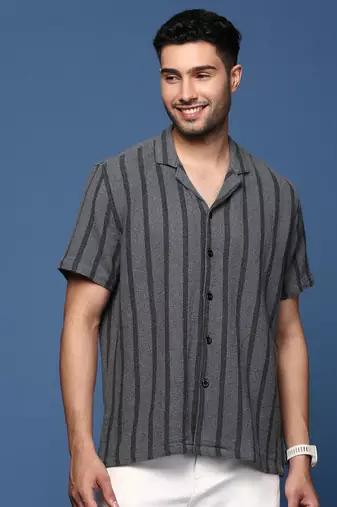 men's cuban collar striped charcoal relaxed fit shirt