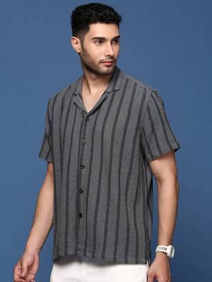 men's cuban collar striped charcoal relaxed fit shirt 3