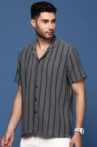 men's cuban collar striped charcoal relaxed fit shirt