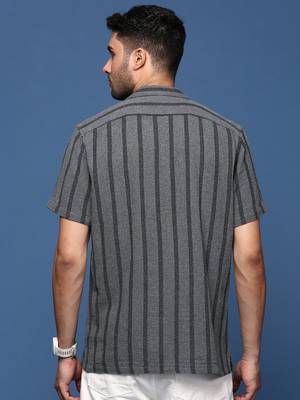 men's cuban collar striped charcoal relaxed fit shirt 4