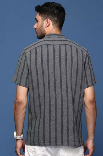 men's cuban collar striped charcoal relaxed fit shirt