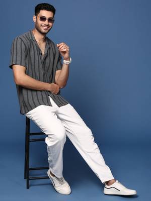 men's cuban collar striped charcoal relaxed fit shirt 5