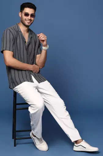 men's cuban collar striped charcoal relaxed fit shirt