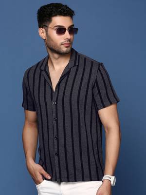 men's cuban collar striped charcoal relaxed fit shirt 1