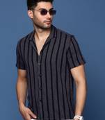 men's cuban collar striped charcoal relaxed fit shirt