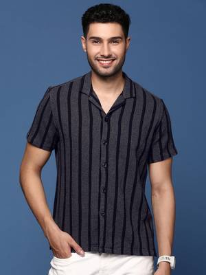 men's cuban collar striped charcoal relaxed fit shirt 2