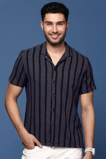 men's cuban collar striped charcoal relaxed fit shirt
