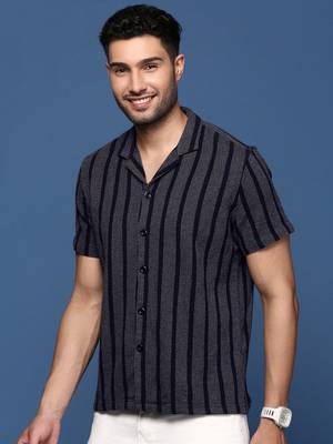 men's cuban collar striped charcoal relaxed fit shirt 3
