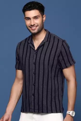 men's cuban collar striped charcoal relaxed fit shirt