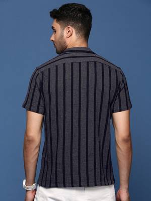 men's cuban collar striped charcoal relaxed fit shirt 4