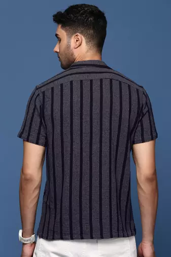 men's cuban collar striped charcoal relaxed fit shirt