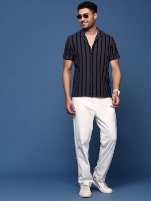 men's cuban collar striped charcoal relaxed fit shirt 5