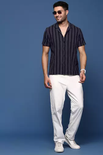 men's cuban collar striped charcoal relaxed fit shirt