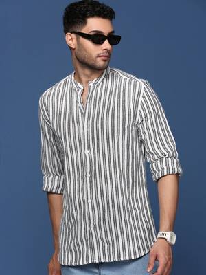 men's mandarin collar striped white slim fit shirt 1