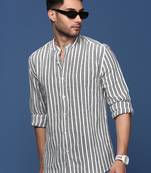 men's mandarin collar striped white slim fit shirt