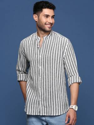 men's mandarin collar striped white slim fit shirt 2