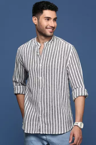 men's mandarin collar striped white slim fit shirt