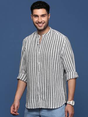 men's mandarin collar striped white slim fit shirt 3