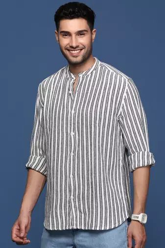 men's mandarin collar striped white slim fit shirt
