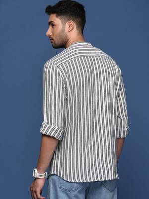 men's mandarin collar striped white slim fit shirt 4