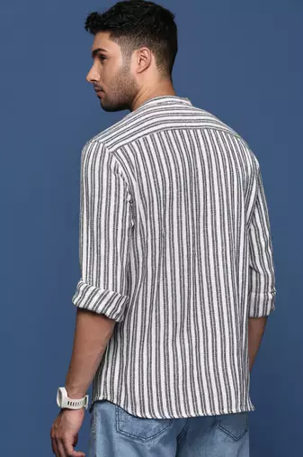 men's mandarin collar striped white slim fit shirt