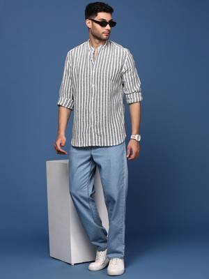 men's mandarin collar striped white slim fit shirt 5