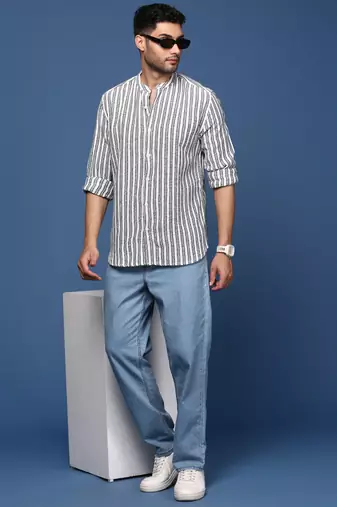men's mandarin collar striped white slim fit shirt