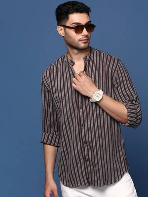 men's mandarin collar striped brown slim fit shirt 1