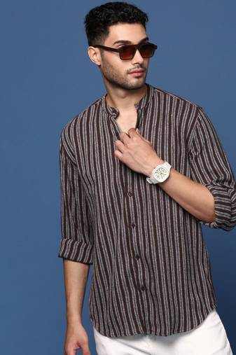 men's mandarin collar striped brown slim fit shirt