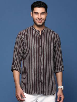 men's mandarin collar striped brown slim fit shirt 2