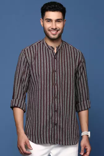 men's mandarin collar striped brown slim fit shirt