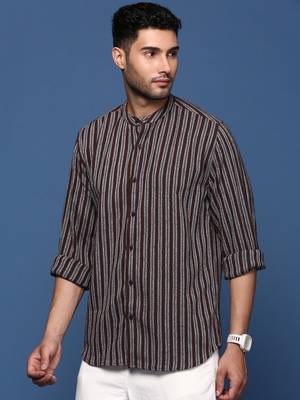 men's mandarin collar striped brown slim fit shirt 3