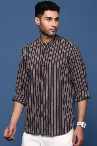 men's mandarin collar striped brown slim fit shirt