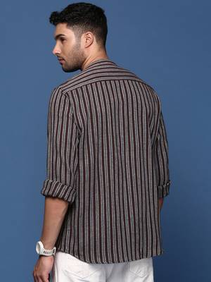 men's mandarin collar striped brown slim fit shirt 4