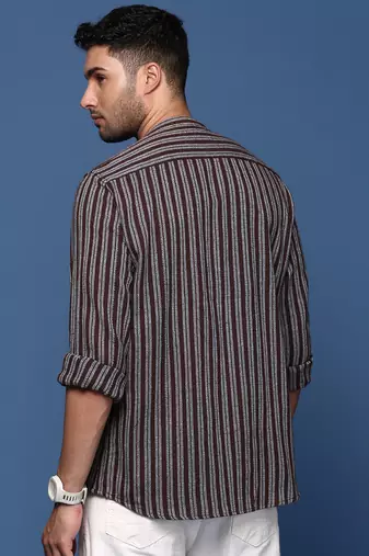 men's mandarin collar striped brown slim fit shirt