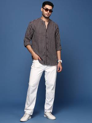 men's mandarin collar striped brown slim fit shirt 5