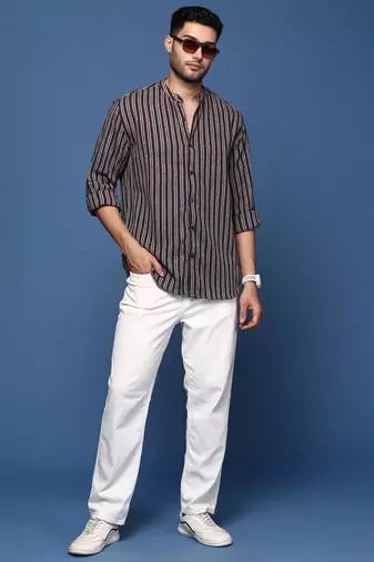 men's mandarin collar striped brown slim fit shirt