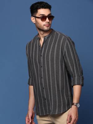 men's mandarin collar striped charcoal slim fit shirt 1
