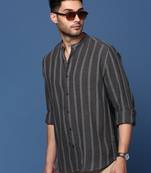 men's mandarin collar striped charcoal slim fit shirt